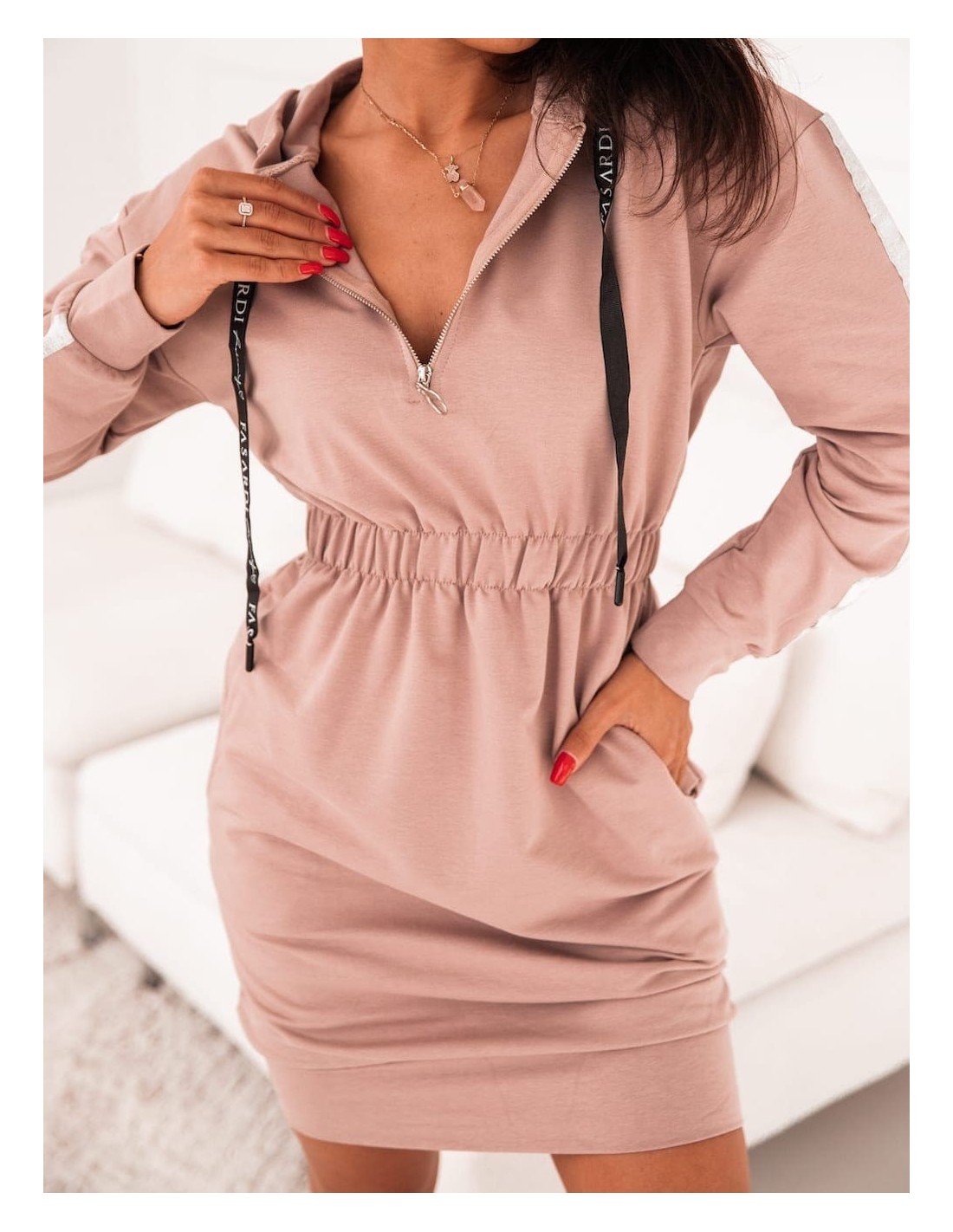 Rochie hanorac dama cu dungi si gluga cappuccino FI657 - Magazin online - Boutique